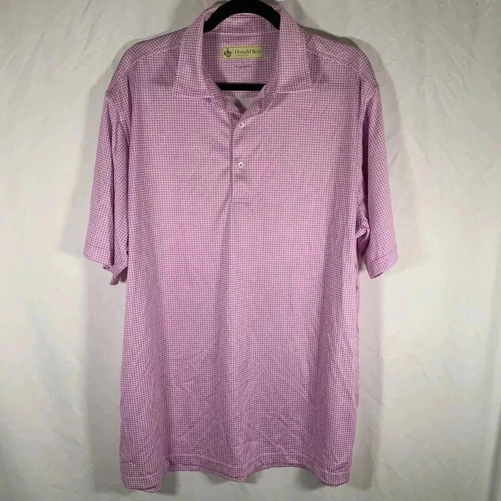 Donald Ross Polo Mens Large Purple White Print Short Sleeve 1/4 Button